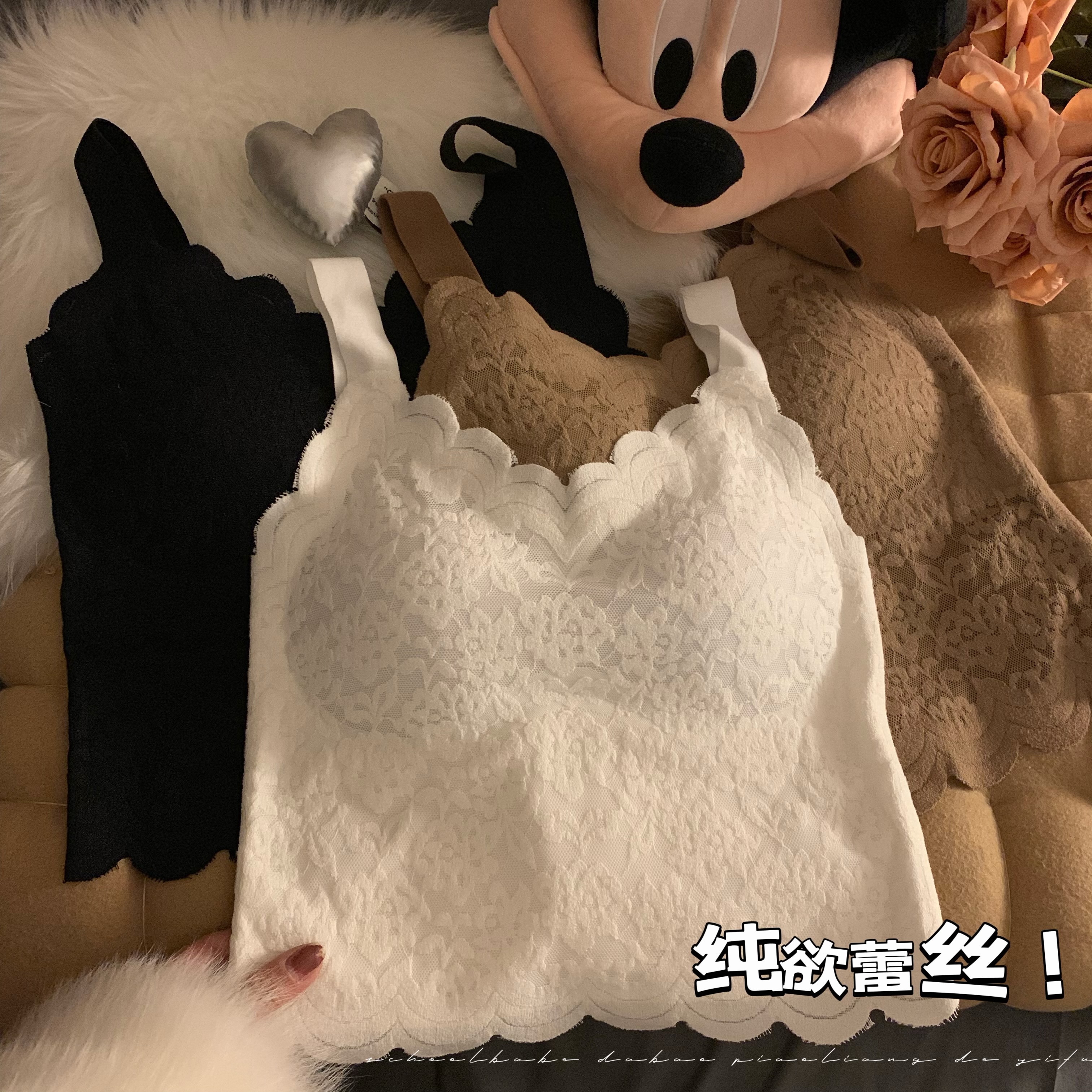 實拍蕾絲吊帶背心女打底免穿文胸帶胸墊一體內搭秋冬美背內衣