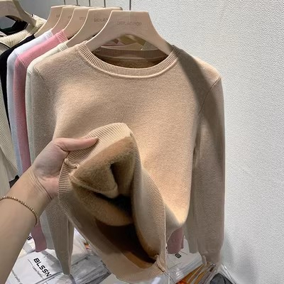 加絨水貂絨半高領毛衣女秋冬新款加厚保暖上衣一體絨打底衫內搭潮