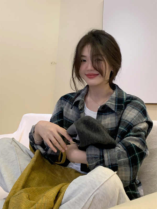 一三良品小個子 品質感！法式復古寬鬆羊毛格紋襯衫外套女襯衣秋