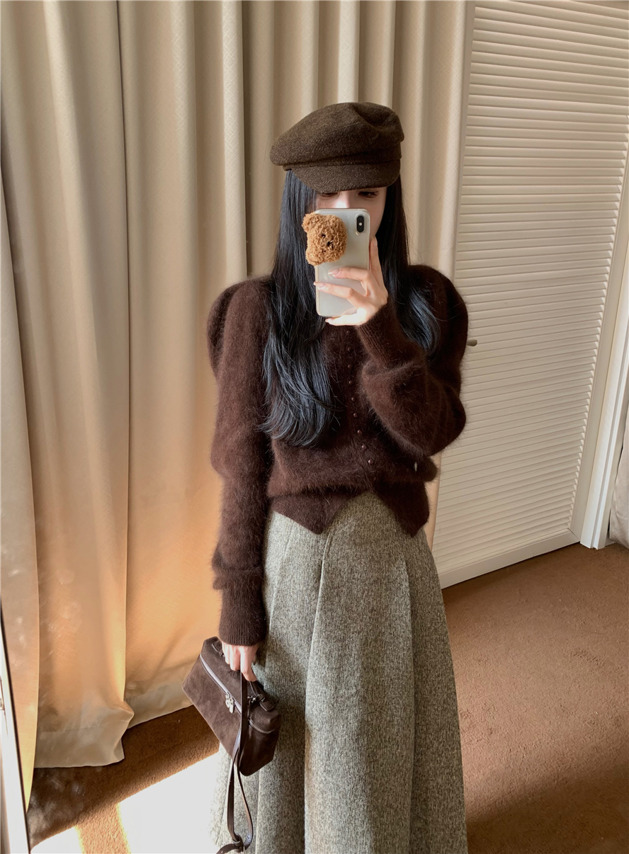 小香風毛茸茸泡泡袖毛衣開衫女裝冬季寬鬆針織衫純色上衣