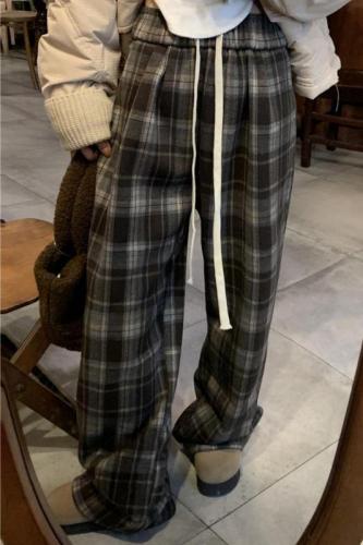 Real shot of retro Korean style loose velvet and thick plaid fashion casual pants