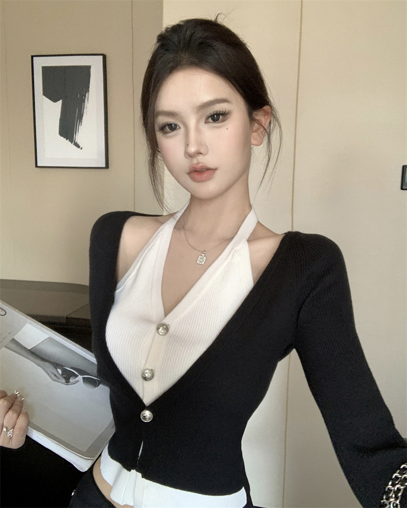 實拍 假兩件修身掛脖針織開衫上衣女