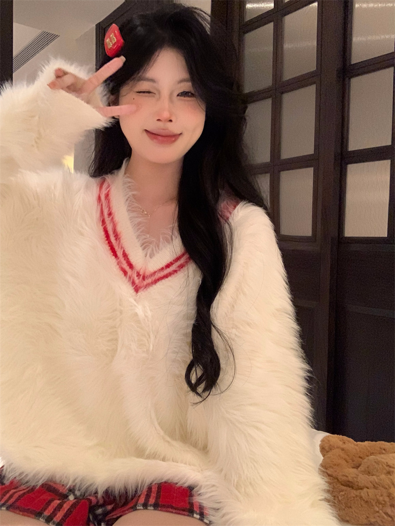 實拍 糯嘰嘰厚實撞色慵懶風針織毛衣設計感寬鬆V領百搭