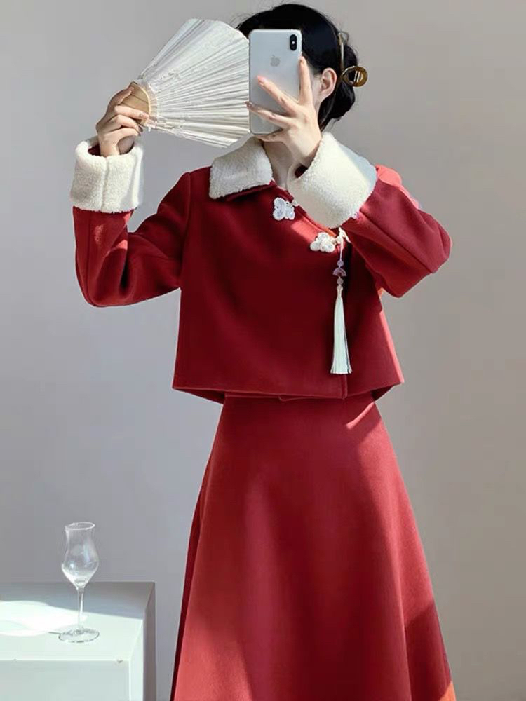新中式國風過年紅色裙子套裝女2023年冬季新款溫柔毛呢長裙兩件套