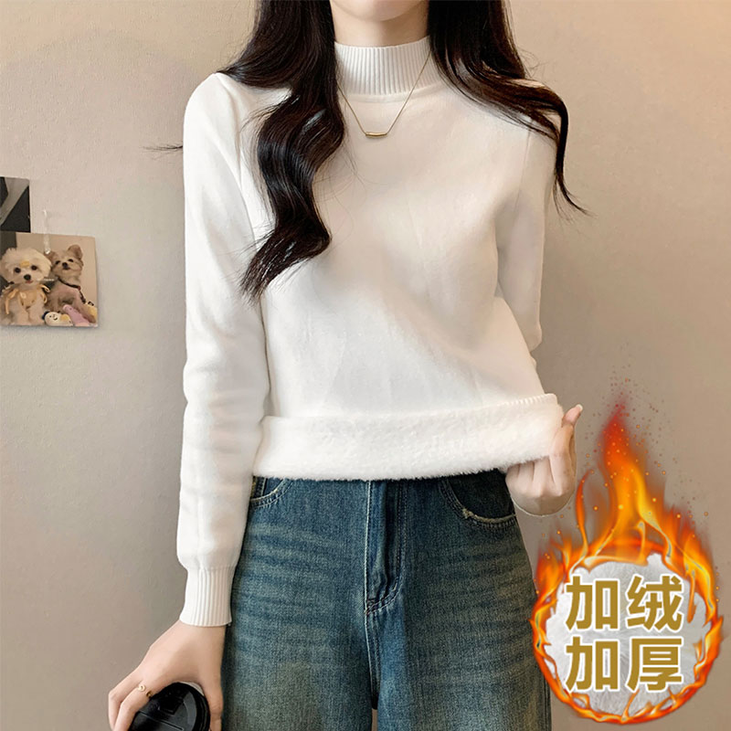 Real shot of one-piece mink velvet half turtleneck bottoming sweater for women in autumn and winter with a thickened warm top inside the sweater