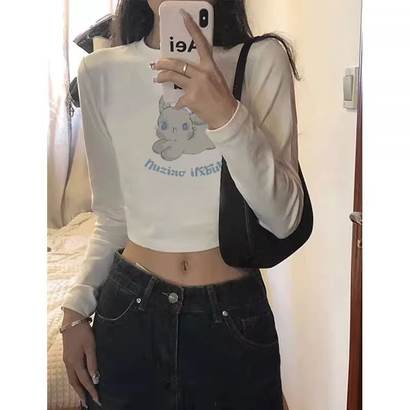 美式辣妹修身長袖T恤女春秋新款印花簡約高腰短款上衣打底衫