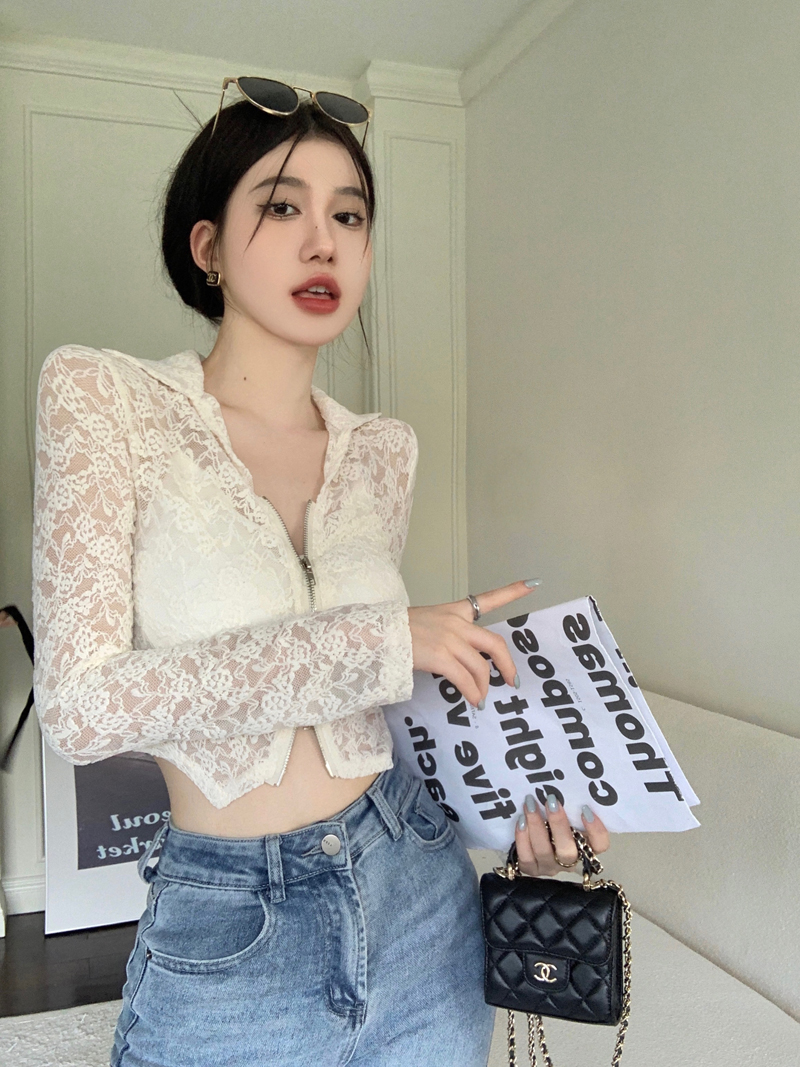 實拍長袖甜辣風小性感v領鏤空蕾絲打底衫襯衫內搭上衣女
