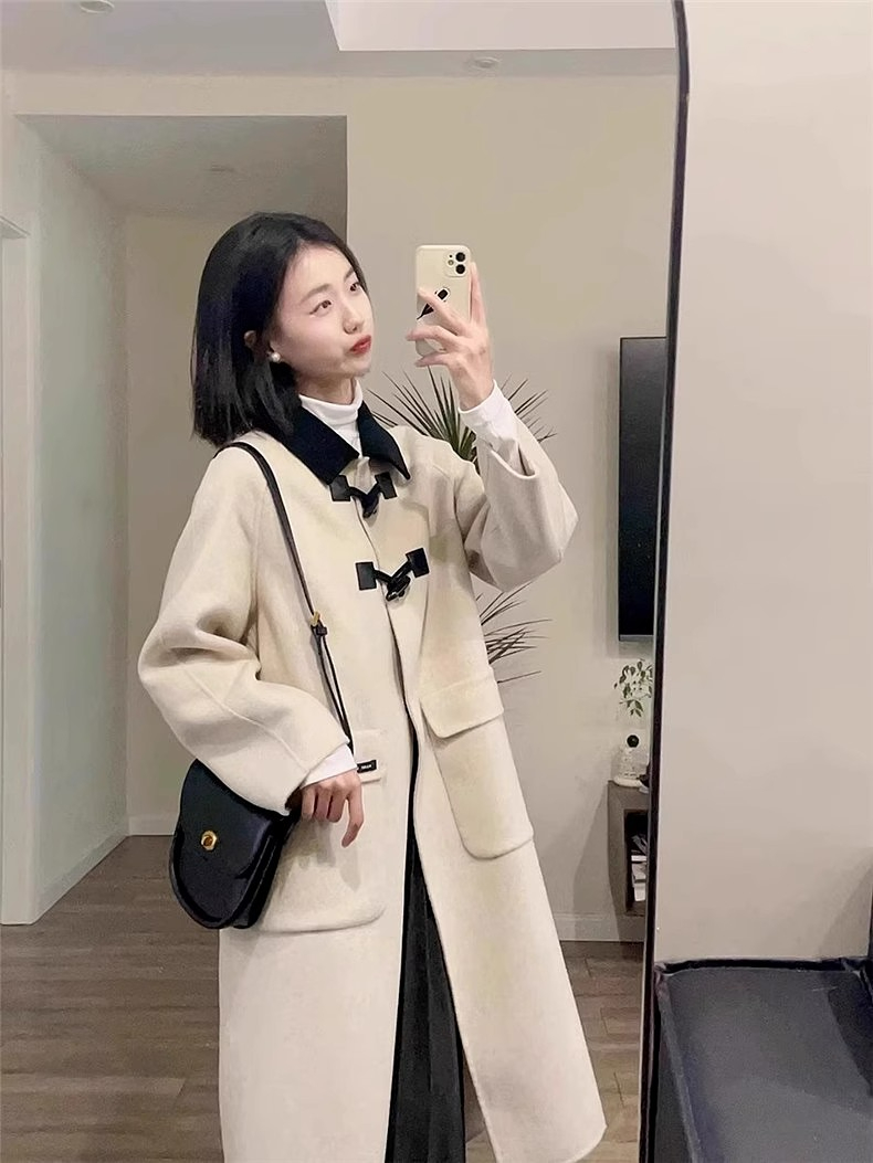 Horn button woolen coat for women autumn and winter high-end loose Korean style for small people 2023 new thick woolen coat