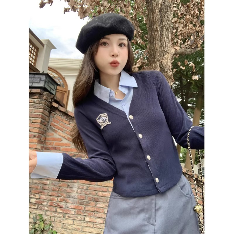 假兩件polo領襯衫女秋季2023新款學院風修身顯瘦短款疊穿開衫上衣