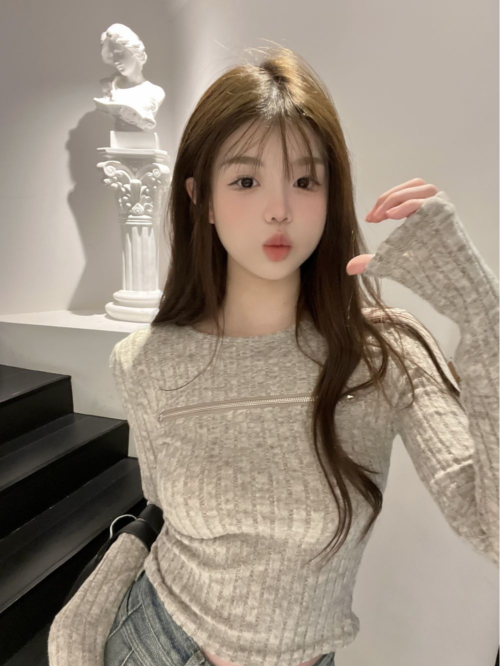 實拍三標齊少女性感可拉拉鏈圓領長袖打底衫