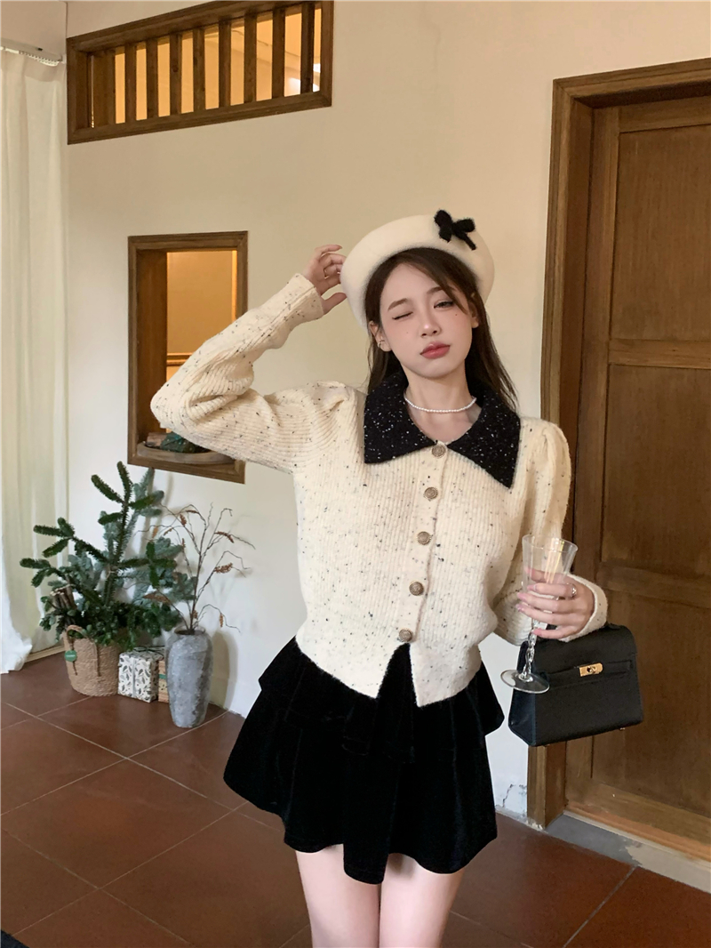 實拍~星空小香風毛衣外套女秋冬新款慵懶娃娃領針織開衫