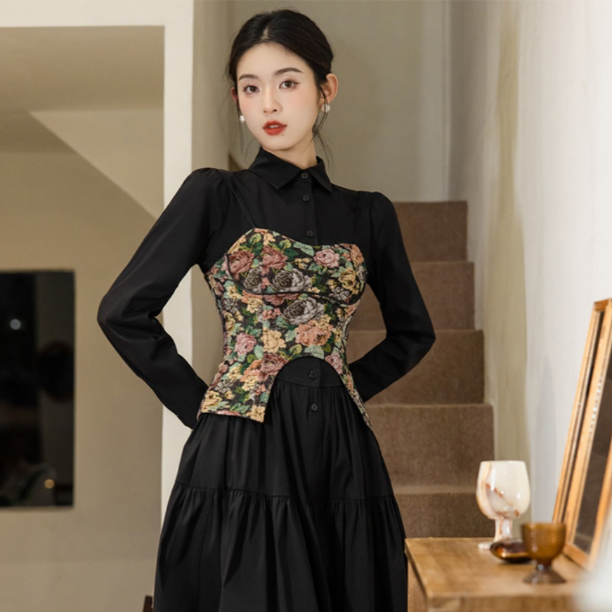大碼復古設計感Polo領長袖小衫女秋季胖MM氣質收腰襯衫刺繡上衣