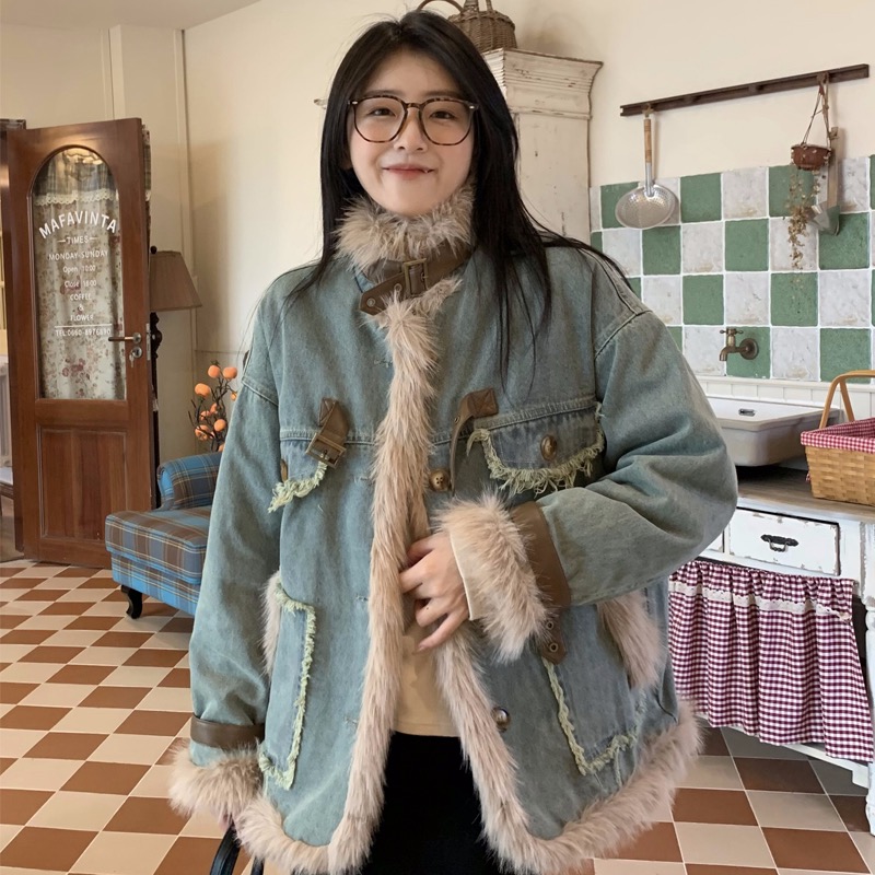 Denim spliced ​​lamb hair outer down jacket for women 2023 new loose thickened high-end motorcycle down jacket