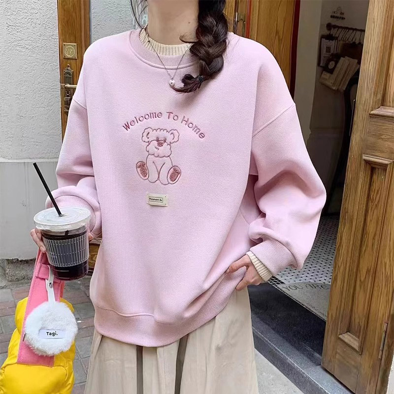 官圖 秋冬女裝撞色假兩件長袖上衣寬鬆刺繡小熊加絨衛衣女