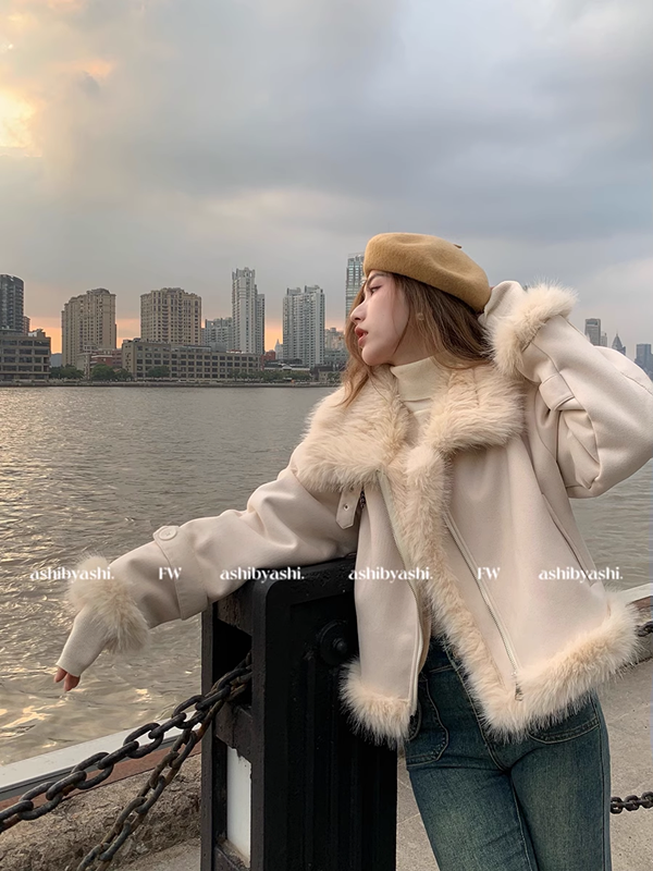 Greater than poetry collection, fur one-piece jacket, suede short motorcycle jacket, women's slim Korean style casual jacket, winter