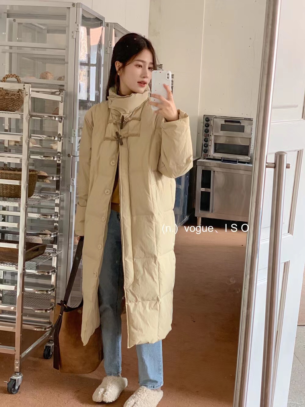 I SO Korean mid-length horn button stand collar 90 white duck down down jacket for women winter new slim and versatile jacket