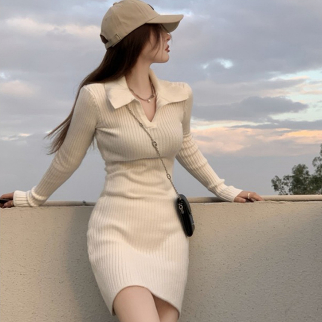 性感辣妹包臀裙2023新款緊身毛衣裙白色polo領針織連衣裙子女秋冬
