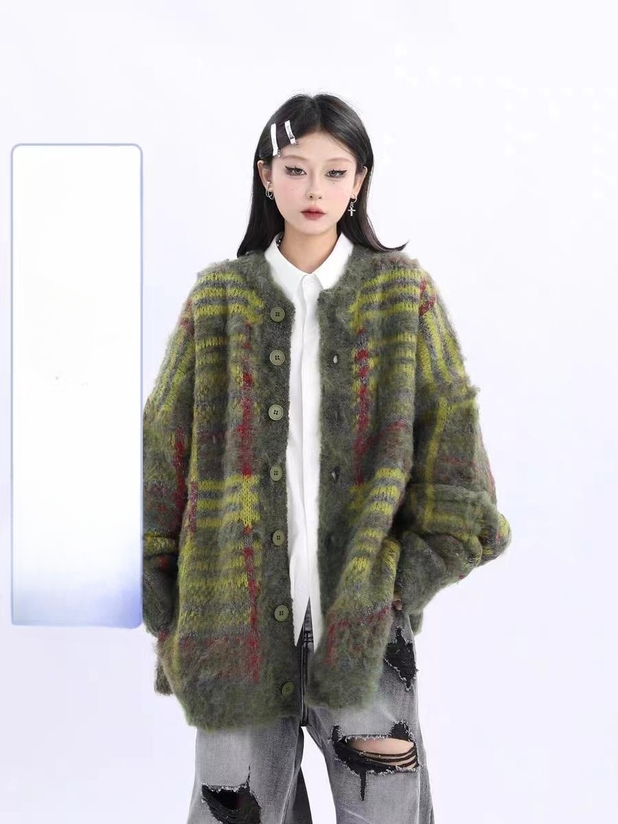 野生阿子美式復古高級感毛衣針織衫女2023秋季寬鬆慵懶風顯白外套