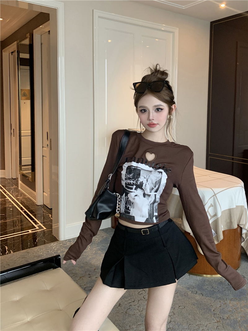 實拍~2023新款美式印花磨毛上衣女刺繡修身百搭短款打底衫女