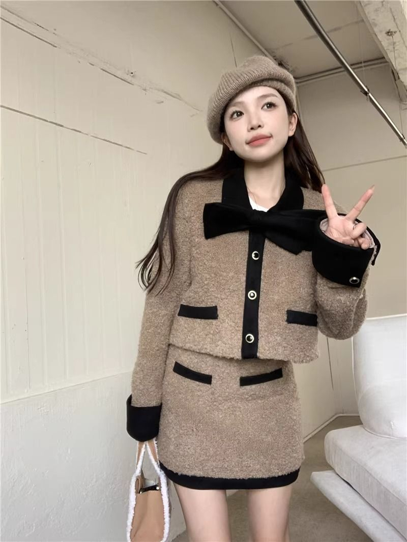 小香風蝴蝶結短款長袖毛呢外套高腰半身裙女秋冬2023新款時尚套裝