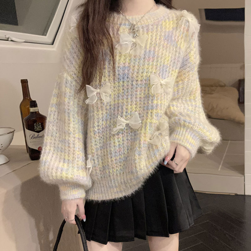 漸變彩虹毛衣女秋冬季外穿寬鬆慵懶風高級感蝴蝶結軟糯針織衫上衣