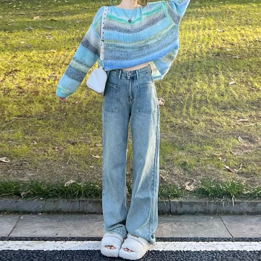 秋冬季網紅炸街俏皮活潑減齡鹽系條紋針織牛仔褲