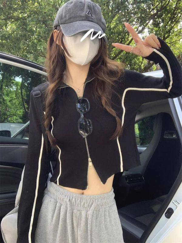 外套女秋季撞色美式復古百搭顯瘦雙拉鏈設計感流行上衣服