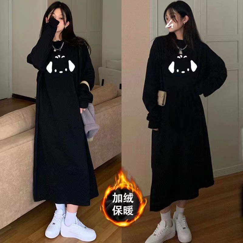 秋冬慵懶風女裝衛衣裙韓版加絨加厚長袖連衣裙設計感寬鬆長裙