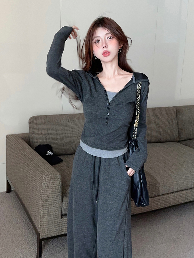 實拍   套裝女時尚顯瘦休閒百搭高腰網紅假兩件套裝
