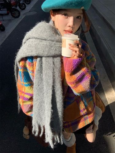 Actual shot of autumn and winter Korean chic colorful plaid lamb wool warm jacket