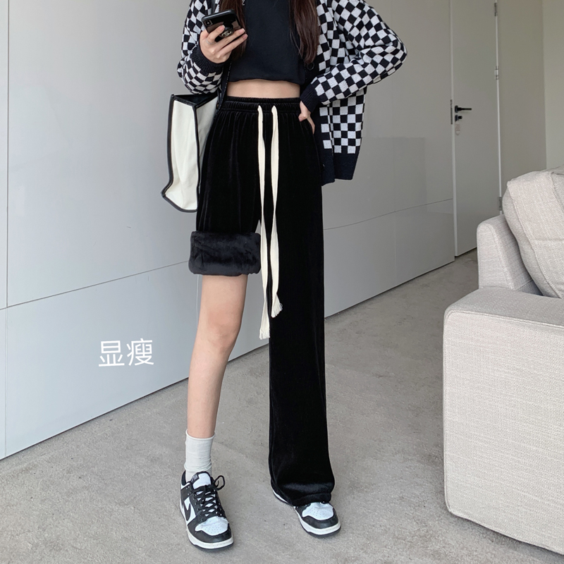 Actual shot of Korean style autumn and winter thickened velvet wide-leg pants, new drapey high-waisted straight loose slimming pants