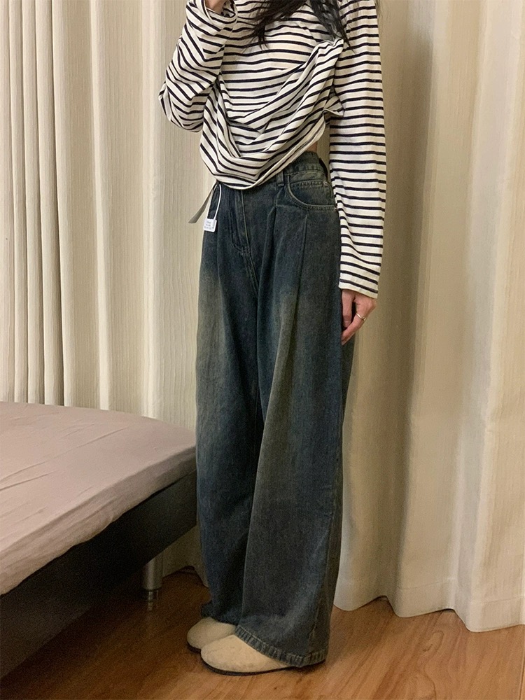 美式復古辣妹設計高腰顯瘦直筒闊腿水泥灰牛仔褲