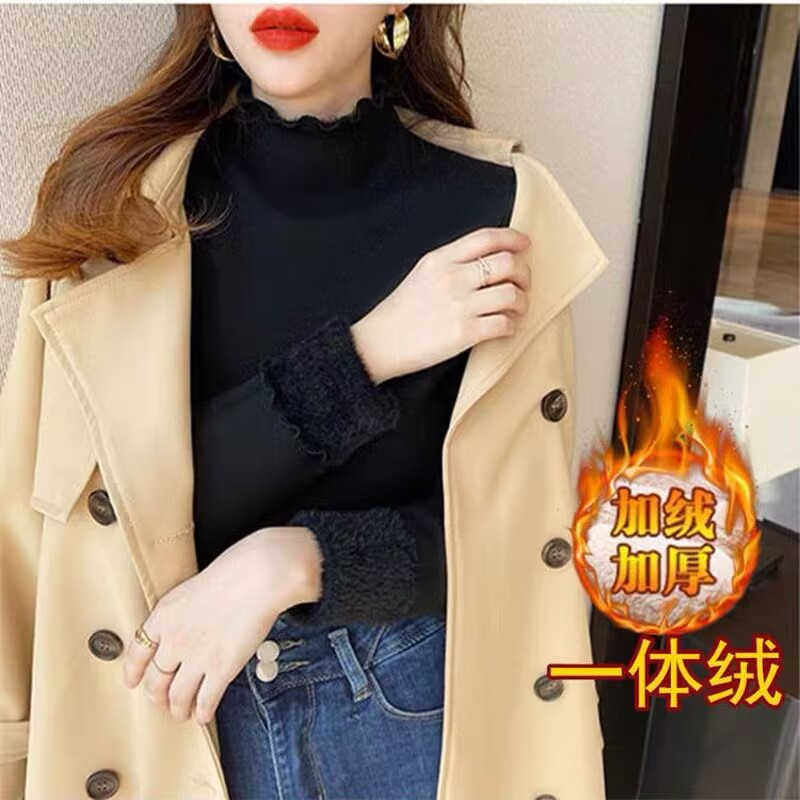 Plus velvet and thickened one-piece velvet bottoming shirt for women autumn and winter new style fungus edge half turtleneck warm and versatile T-shirt top trendy