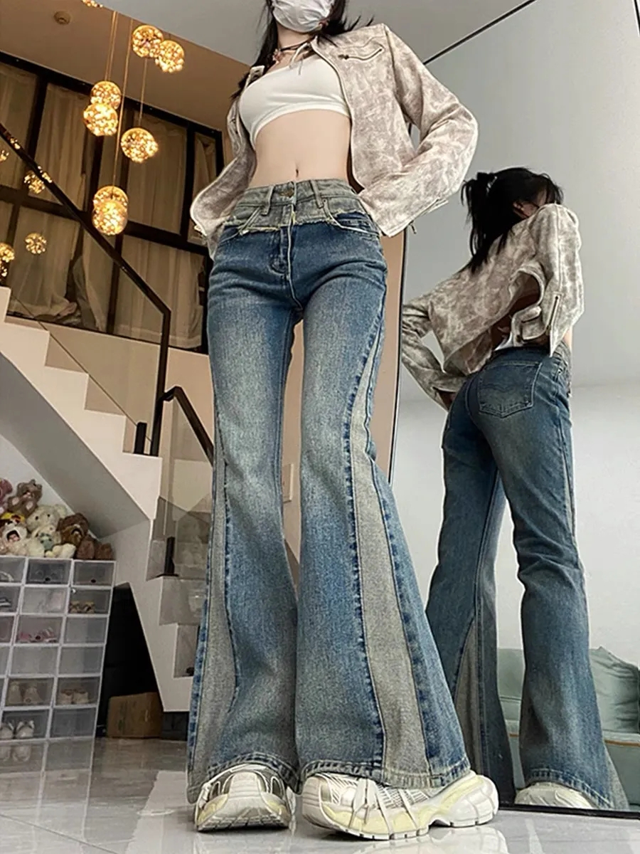 大碼微喇叭牛仔褲女春秋胖mm設計感高腰顯瘦寬鬆直筒闊腿拖地褲子
