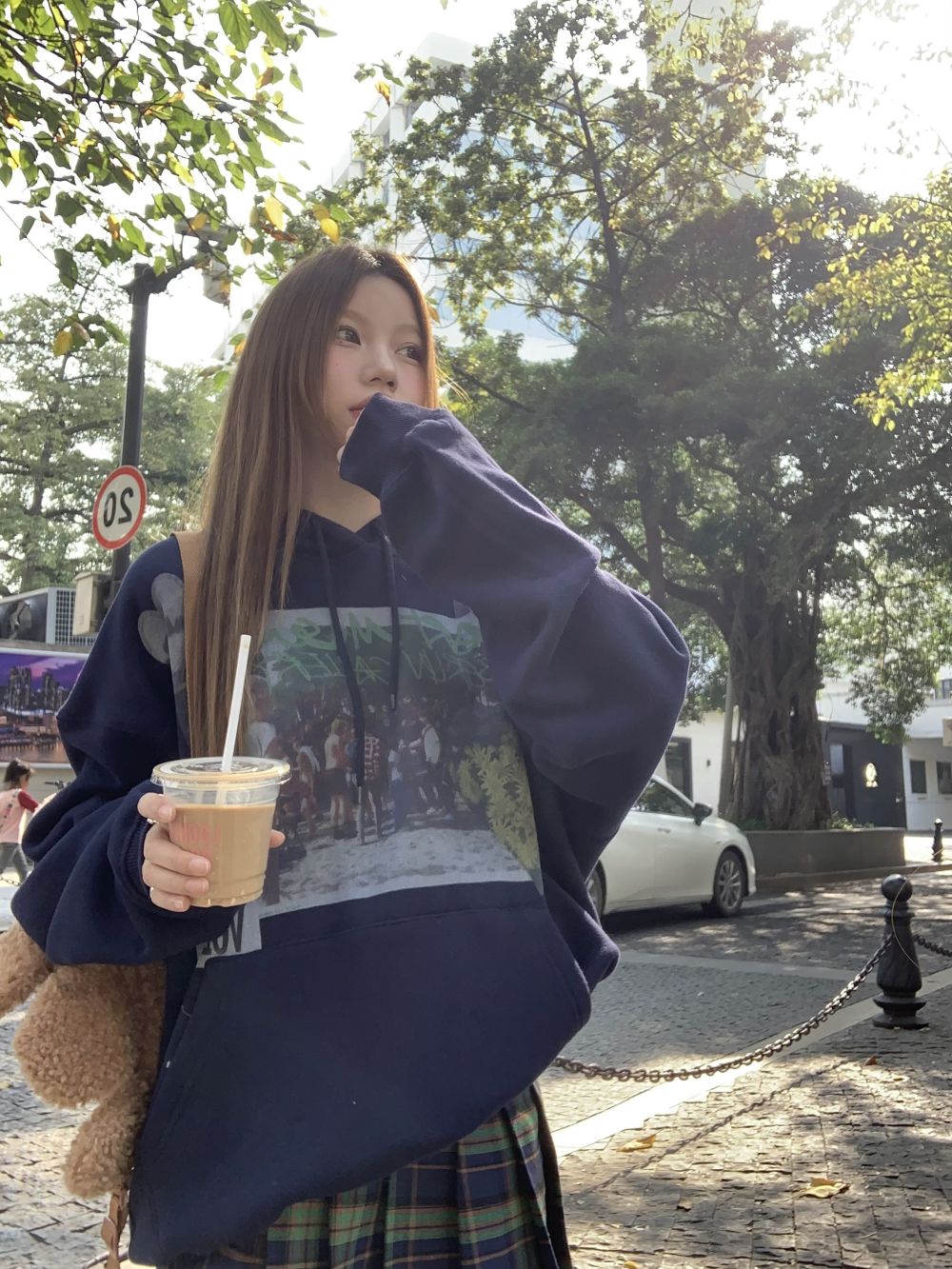 Actual shot of three standard niche navy blue velvet hooded sweatshirts, casual and versatile tops