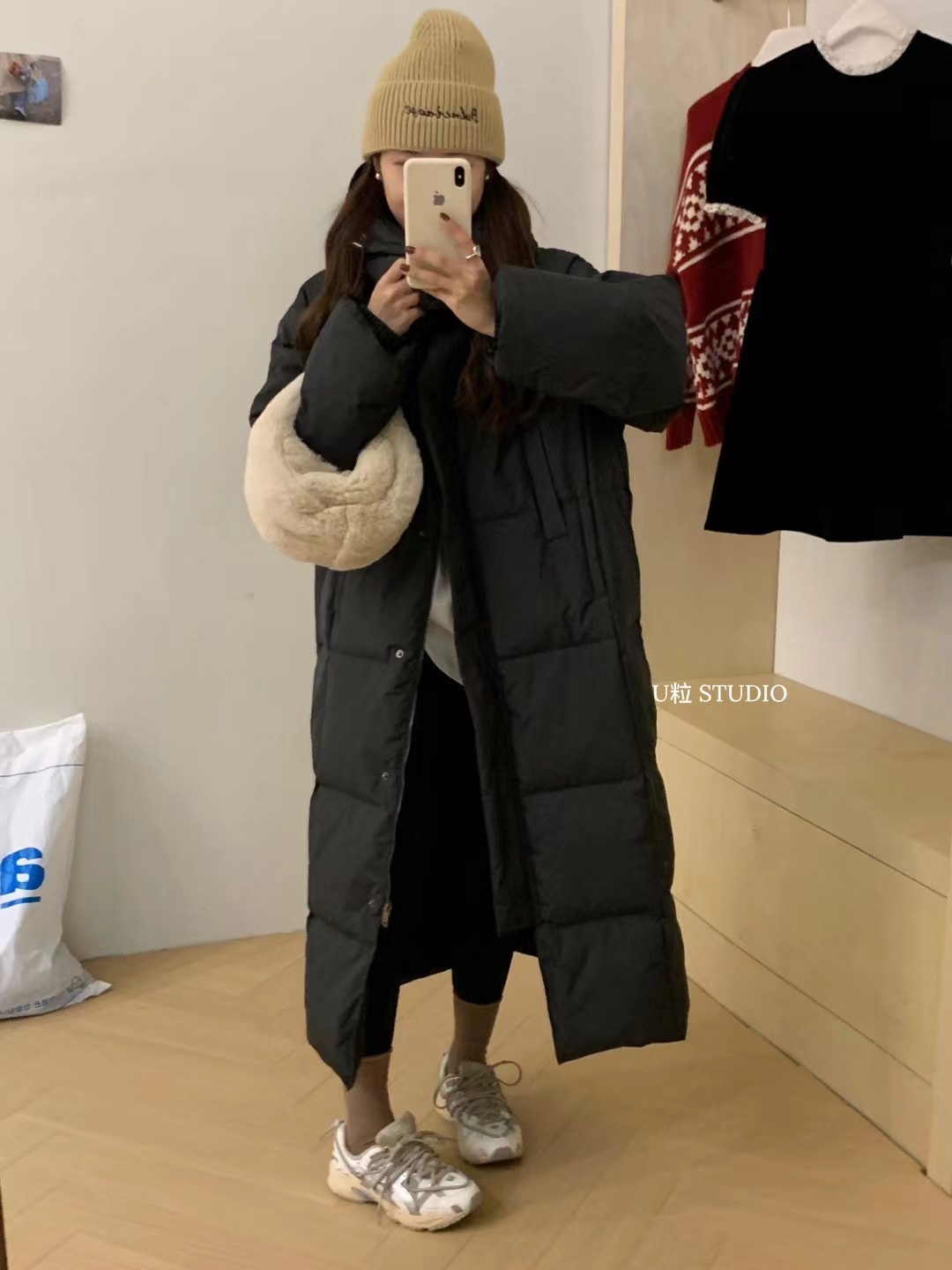 U-grain original mid-length down jacket for women in winter, covering the crotch and slimming, thickening and keeping warm, large pockets, white duck down hooded jacket