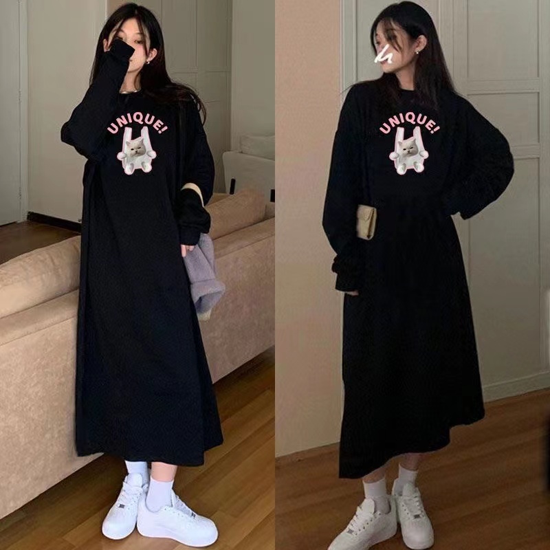 250g printed lazy style sweatshirt skirt Korean style velvet thickened mid-length long-sleeved slit dress trendy