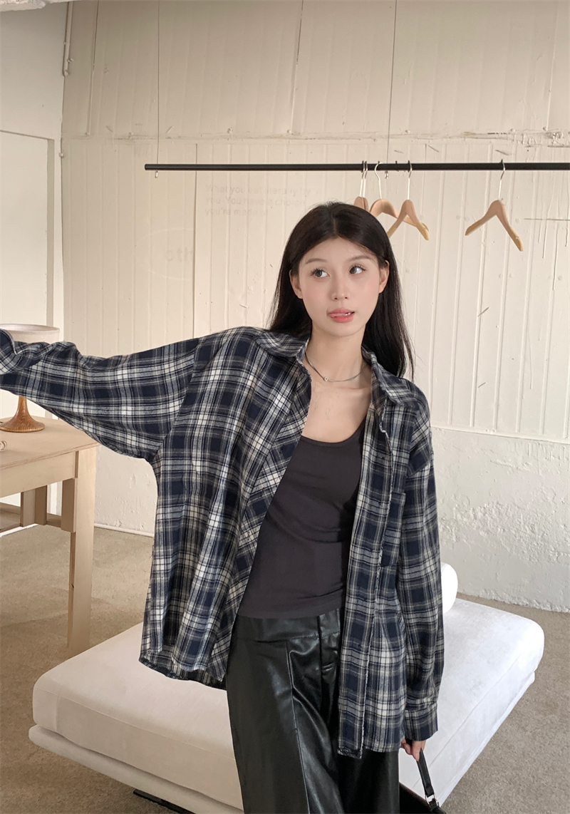 實拍 冬季新款復古港味磨毛格子疊穿寬鬆休閒襯衫上衣外套女