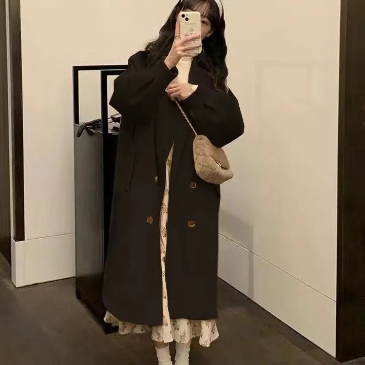 Woolen coat women's mid-length 2023 autumn and winter new college style Korean style small loose thickened woolen coat