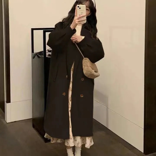 Woolen coat women's mid-length  autumn and winter new college style Korean style small loose thickened woolen coat