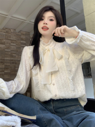 Photographed Autumn New Korean Style Stand Collar Bow Tie Laced Long Sleeve Women's Inner Wear Padded Top