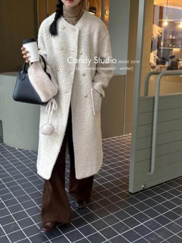 Candy Candy with scarf hoop woolen coat women's mid-length winter small fragrance double-breasted woolen coat