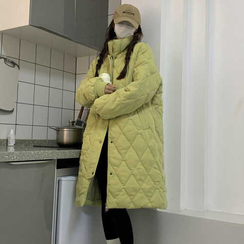 Winter rhombus cotton coat for women  new style mid-length Korean style loose stand-up collar thickened cotton coat trendy