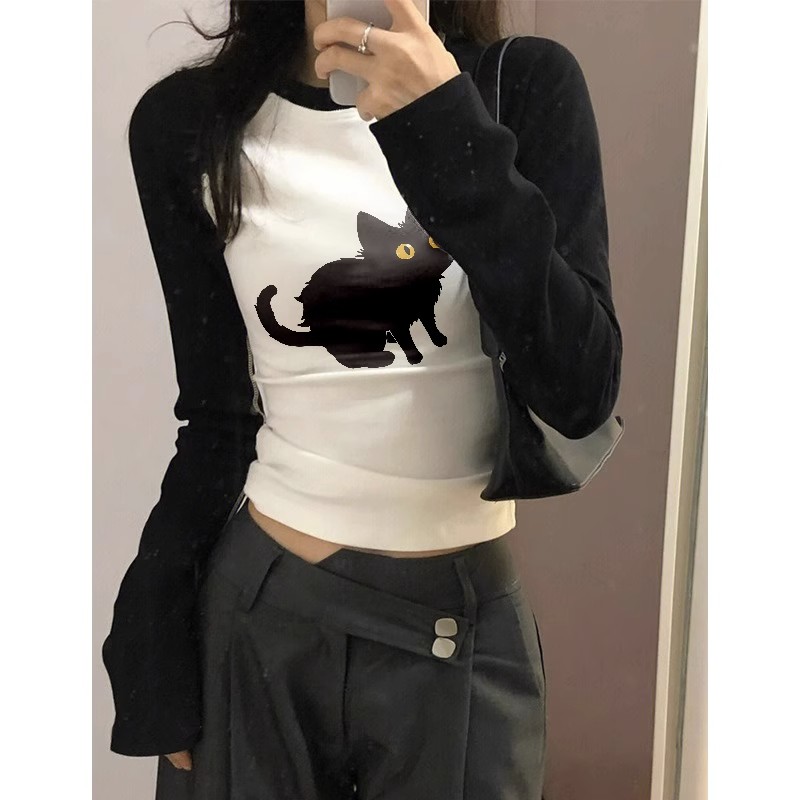 美式辣妹緊身顯瘦t恤女秋季新款純棉小眾插肩長袖打底衫上衣