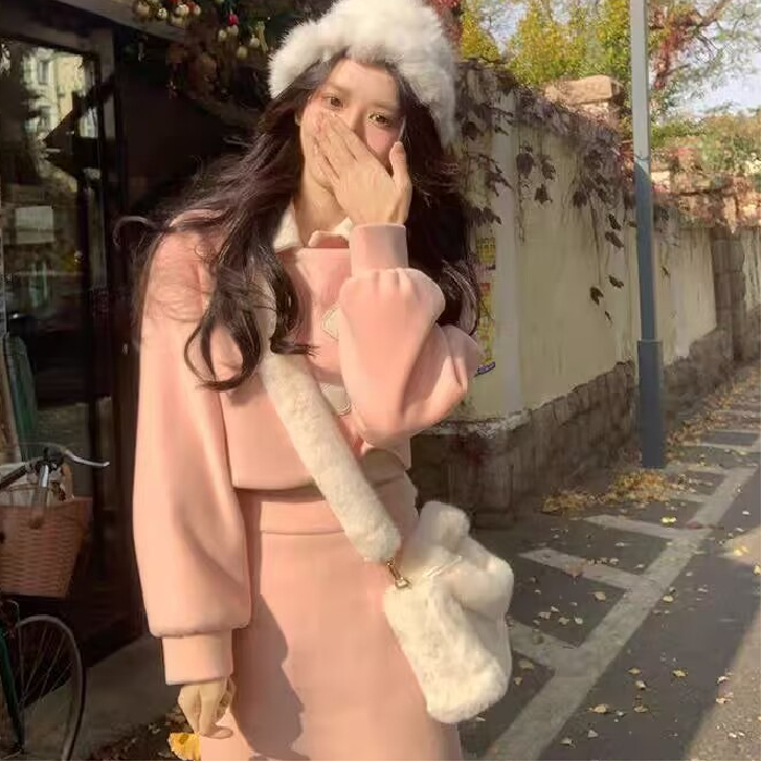 氣質名媛小香風高級感御姐新中式粉色上衣小洋裝兩件套裝裙秋冬女