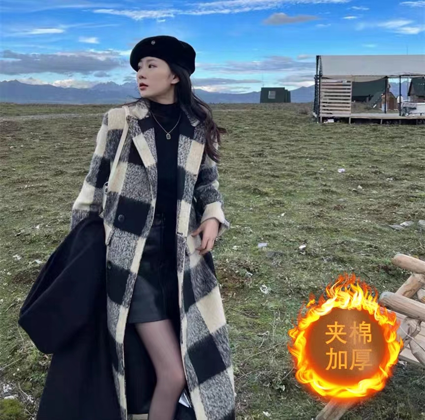 Woolen quilted coat women's coat autumn and winter new high-end plaid British style woolen small medium and long style