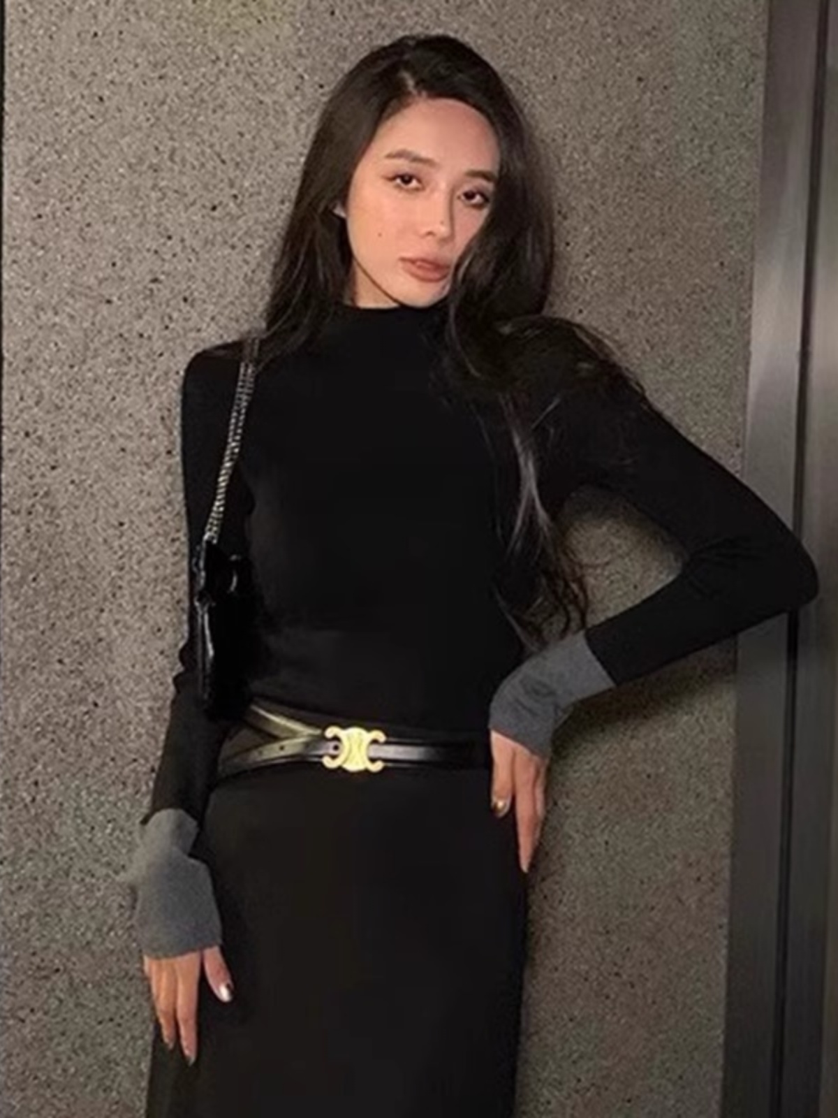 半高領拼色打底針織衫女2023秋冬新款內搭毛衣高級感修身中領上衣