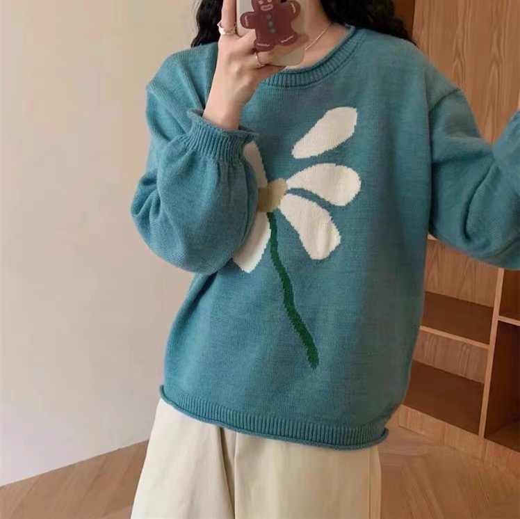 韓系圓領提花針織毛衣女2023秋冬新款寬鬆減齡簡約氣質長袖上衣潮