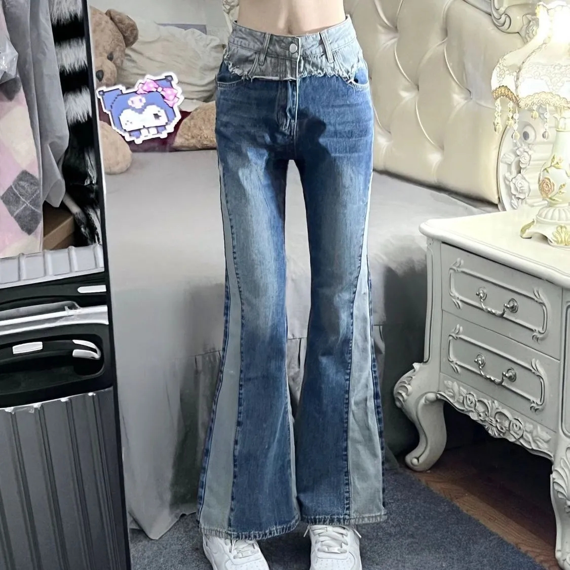 美式復古辣妹微喇牛仔褲女夏高腰垂感馬蹄褲設計感y2k千禧風褲子
