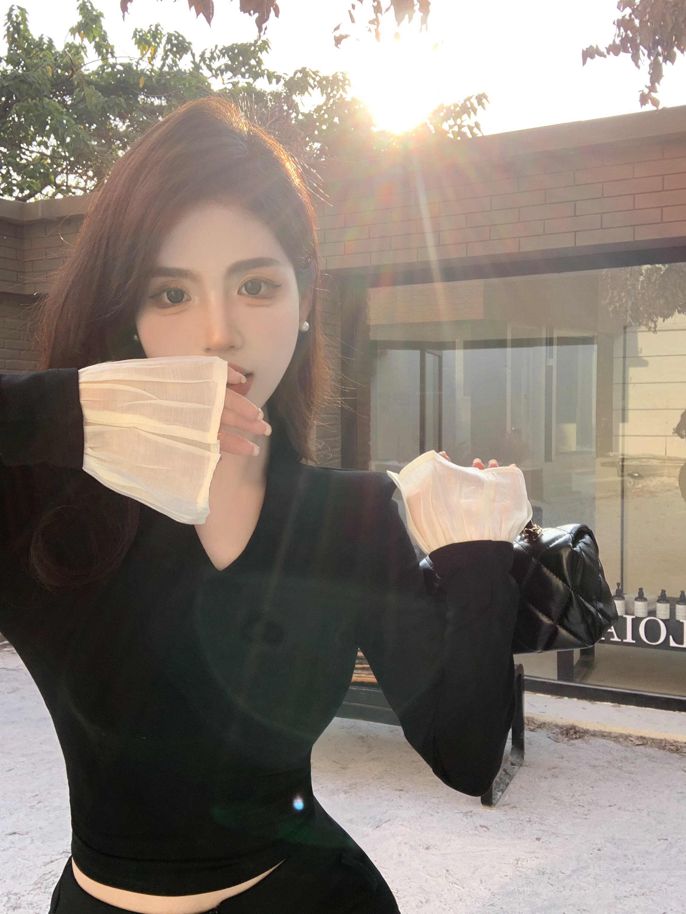 實拍 高級感氣質設計感喇叭袖拼接上衣V領長袖t恤修身打底衫